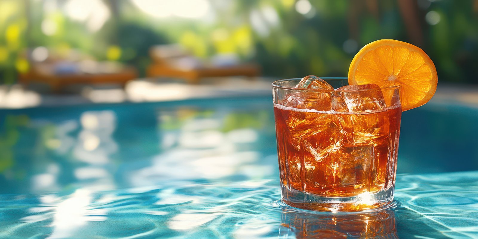 Refreshing cocktail garnished with orange slice relaxes by the serene poolside during a sunny afternoon